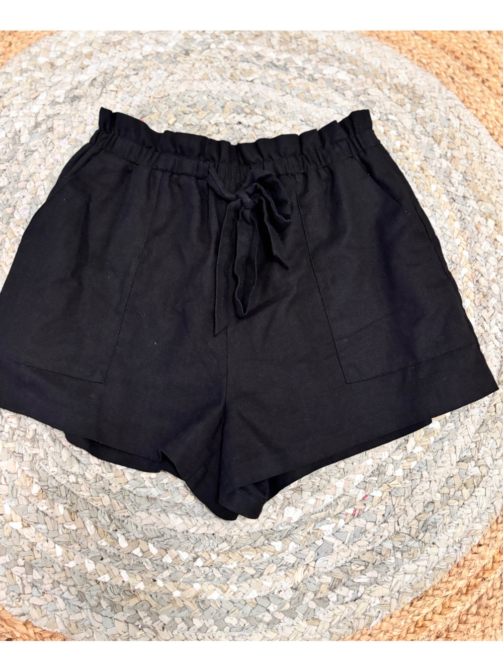 Lush Black High Waist Drawstring Linen-Blend Shorts